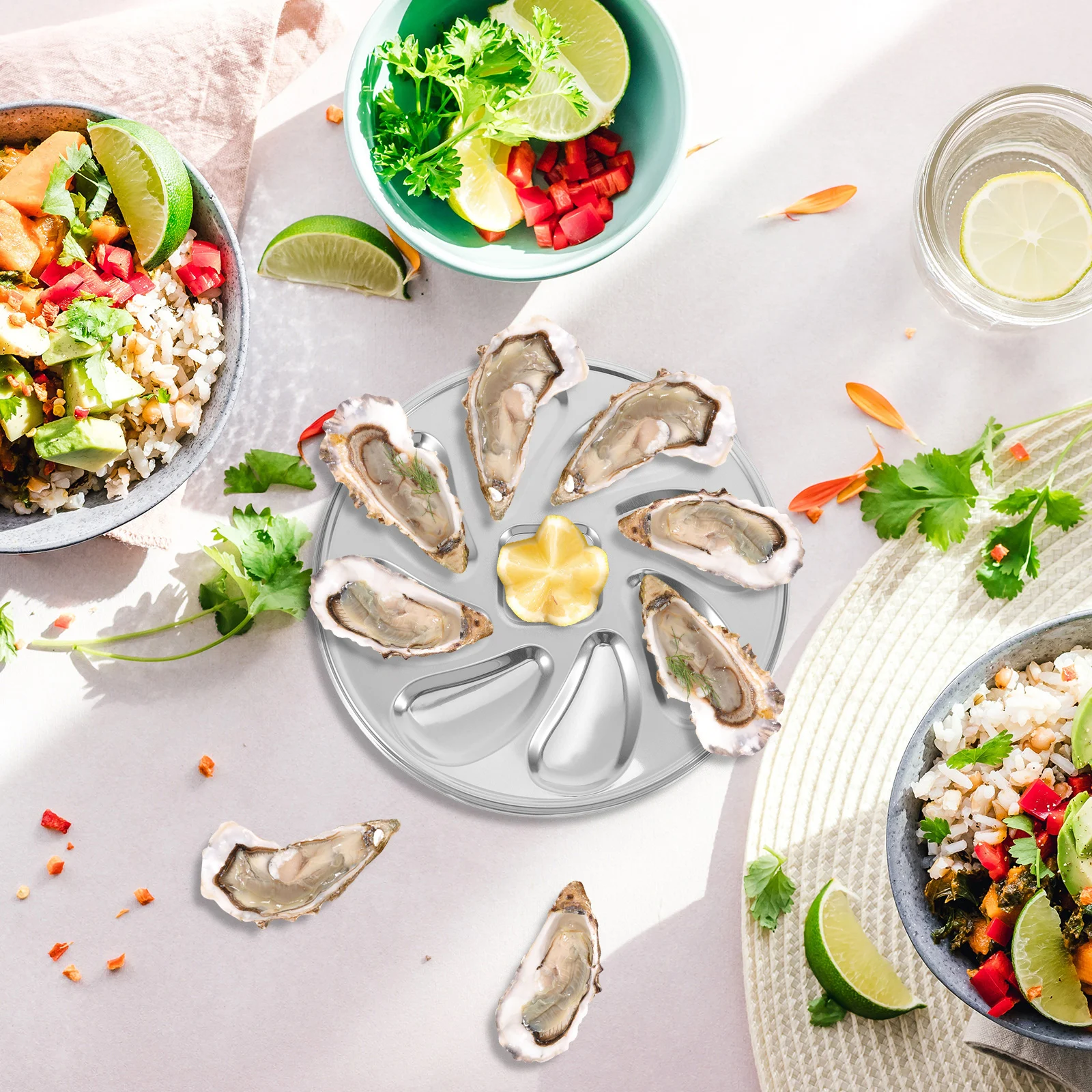 

2Pcs Stainless Steel Oyster Platter Round Serving Tray for Seafood Serving Oyster Dish Shell Shape Restaurant Bbq Plate