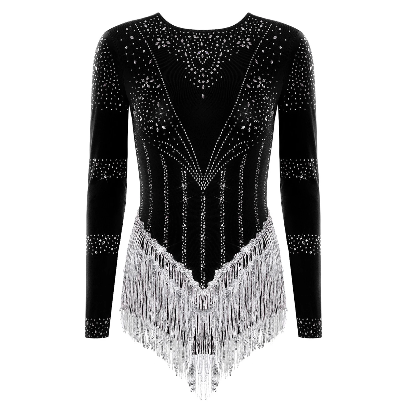 

Women Rhinestones Lyrical Latin Gymnastics Dance Leotards Long Sleeve Stretchy Sheer Mesh Latin Chacha Dance Performance Outfits
