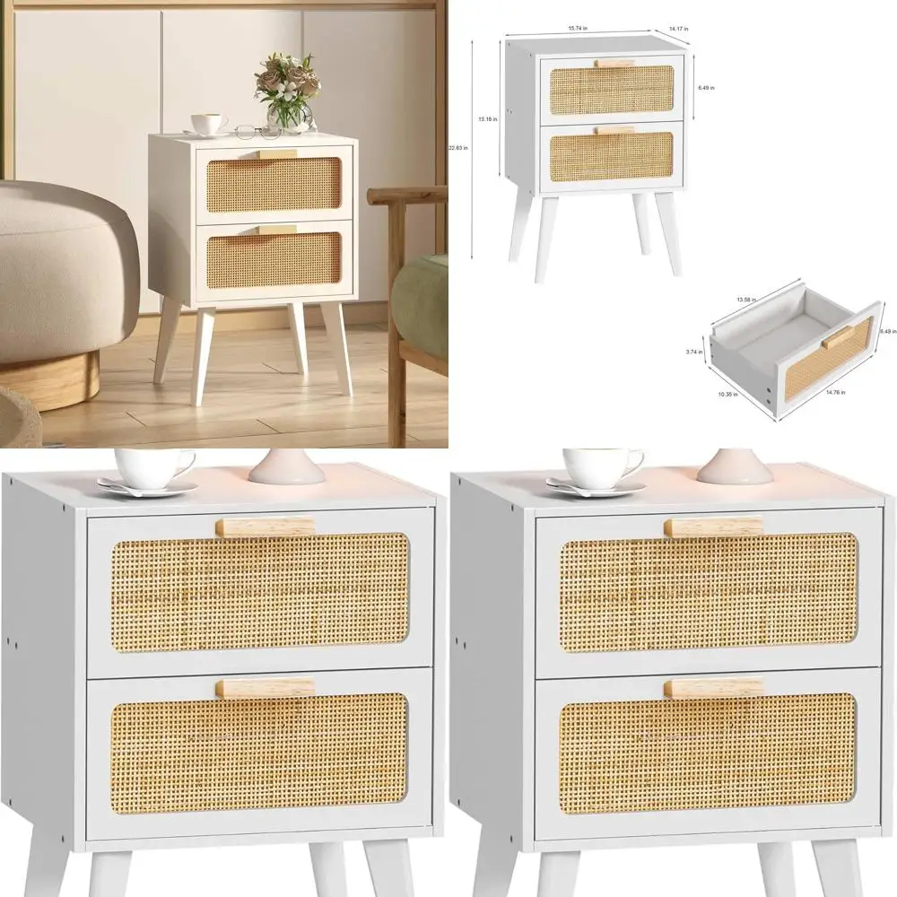 

Rattan 2-Drawer Nightstand, Bohemian Wood Side Table, Storage Accent Furniture for Living Room & Bedroom, White CTG59W