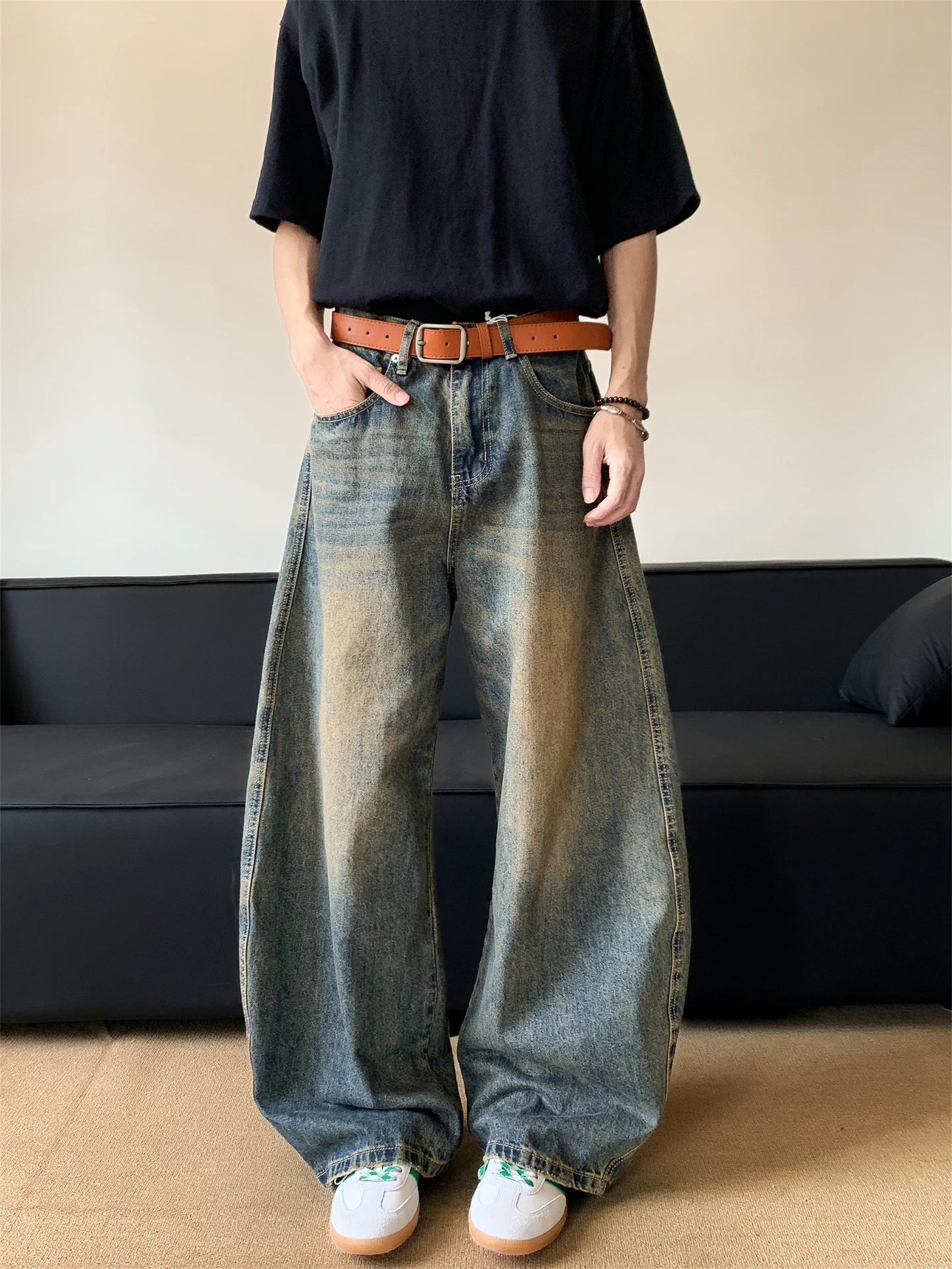 

Retro American Washed Denim Jeans Men's High Street Trend Loose Wide Leg Baggy Knife Couple Pants Casual Straight Tube