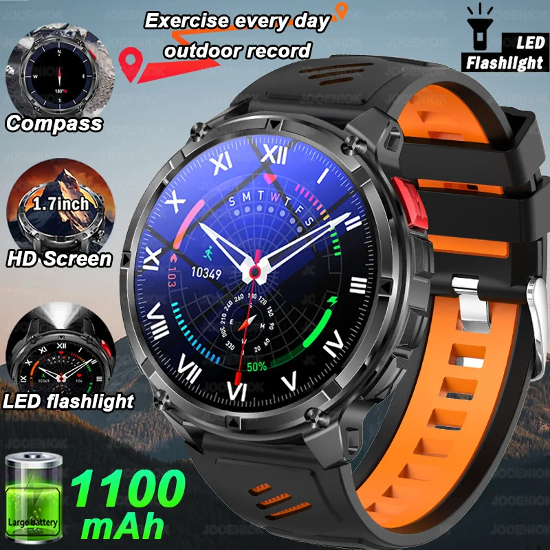 

2026 New 1100mAh Battery Outdoor Smartwatch Men LED Flashlight Bluetooth Call Compass Heart Rate 3ATM Waterproof Sports Watch