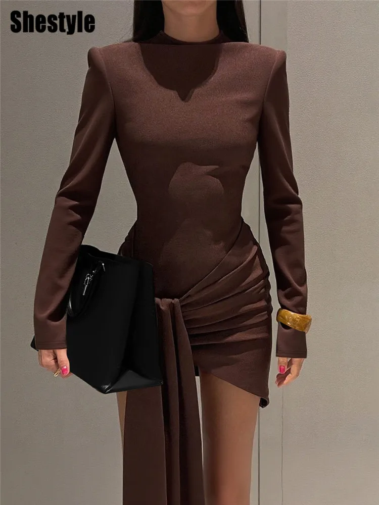 Shestyle sobreposição marrom bainha mini vestidos femininos tripulação pescoço design da marca assimétrico figura lisonjeiro data outfits deslumbrante