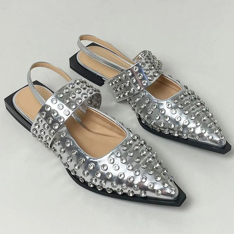 Fashion Rhinestones Flats Ladies Sandals Shoes Female Pointed Toe Luxury Crystal Footwear Women Flats Sandals Shoes Big Size 43