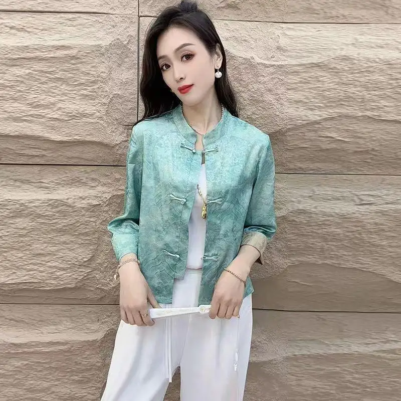 2026 Spring Autumn New Women Clothing Chinese Style Stand Up Collar Jacquard Tops with Stylish Versatile Style Nine Sleeve Coat - view 4