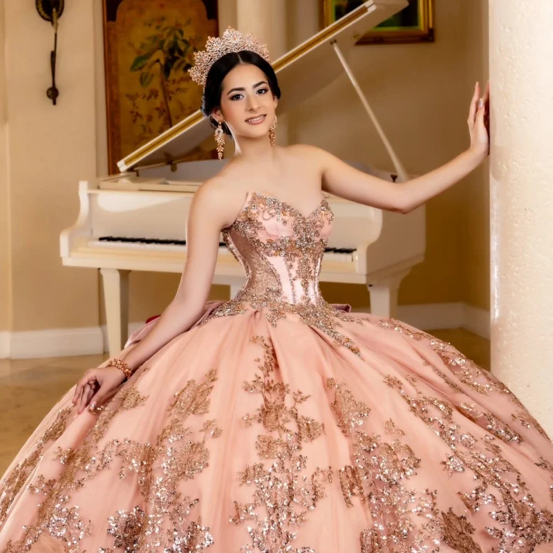 Orange épaules dénudées Quinceanera robe paillettes tulle paillettes décalcomanie dentelle superposition cristal robes de 15 Quinceanera ﻿ Personnalisé