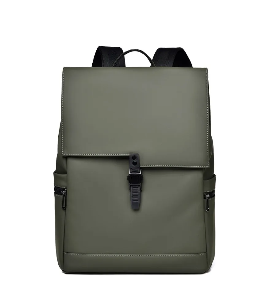 Army green matte leather flap backpack single center plastic buckle dual side hidden zipper pockets neat stitching detail