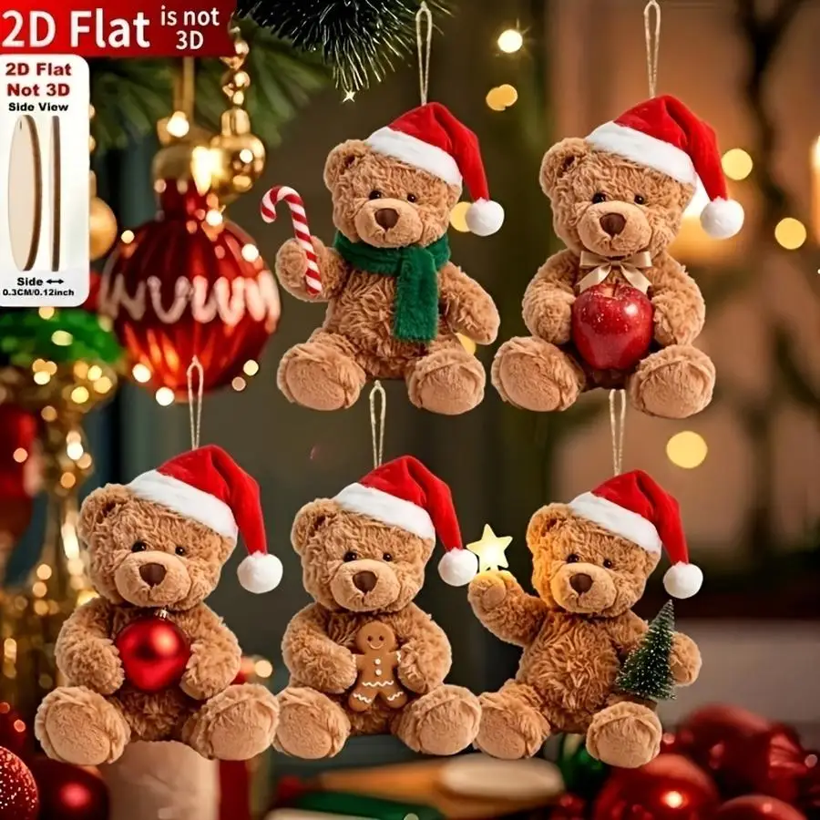 1/5/10/20/50/100pcs 2D Wooden Christmas Ornaments: Teddy Bear, Classic Shapes with Printed Festive Designs, Perfect for Christma