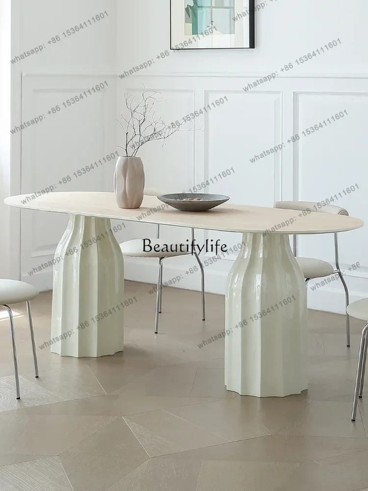 D30**Shell Dining Table Light French Cream Style Oval Solid Wood Dining Table Modern Simple Home