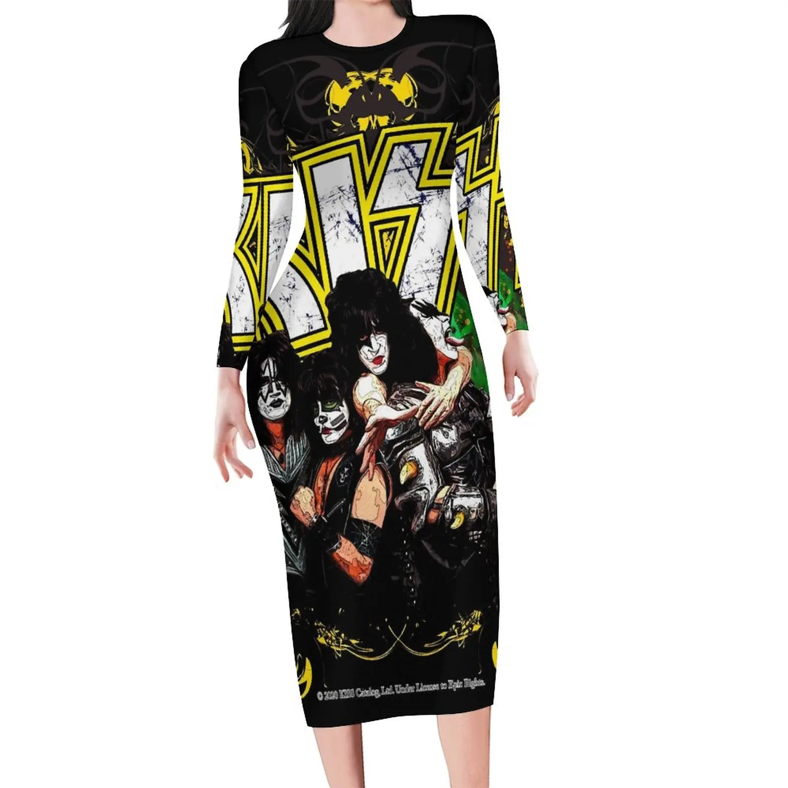 Kuss Band Bodycon Kleid Frau gelb und schwarz stilvolle Kleider Herbst Langarm Streetwear Design Kleid große Größe 4xl 5xl