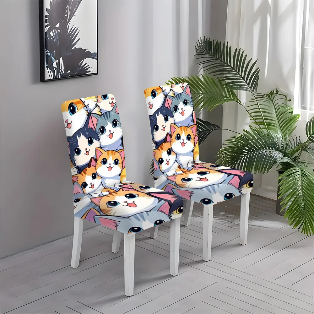 2/4/6pcs Cute Cat Printed Stretch Chair Cover - Removable Washable Dining Seat Slipcover for Kitchen, Hotel & Party Decor