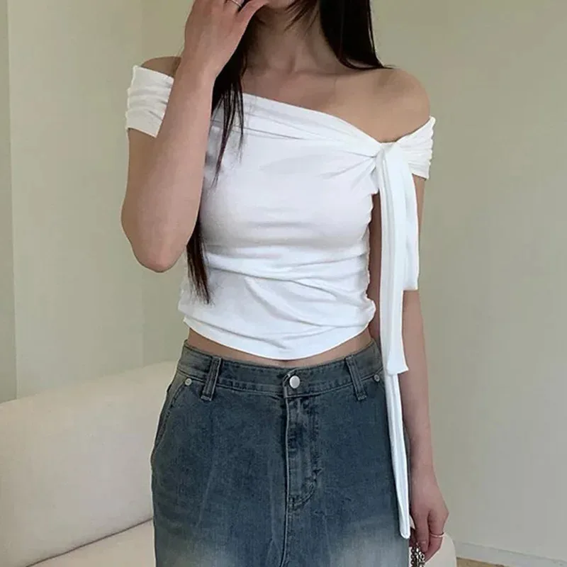 Summer Sexy Y2K Off Shoulder Aesthetic Vintage Bandage Bow T-Shirts Streetwear Slim Tshirts Haruku Solid Bottoming Crop Tops