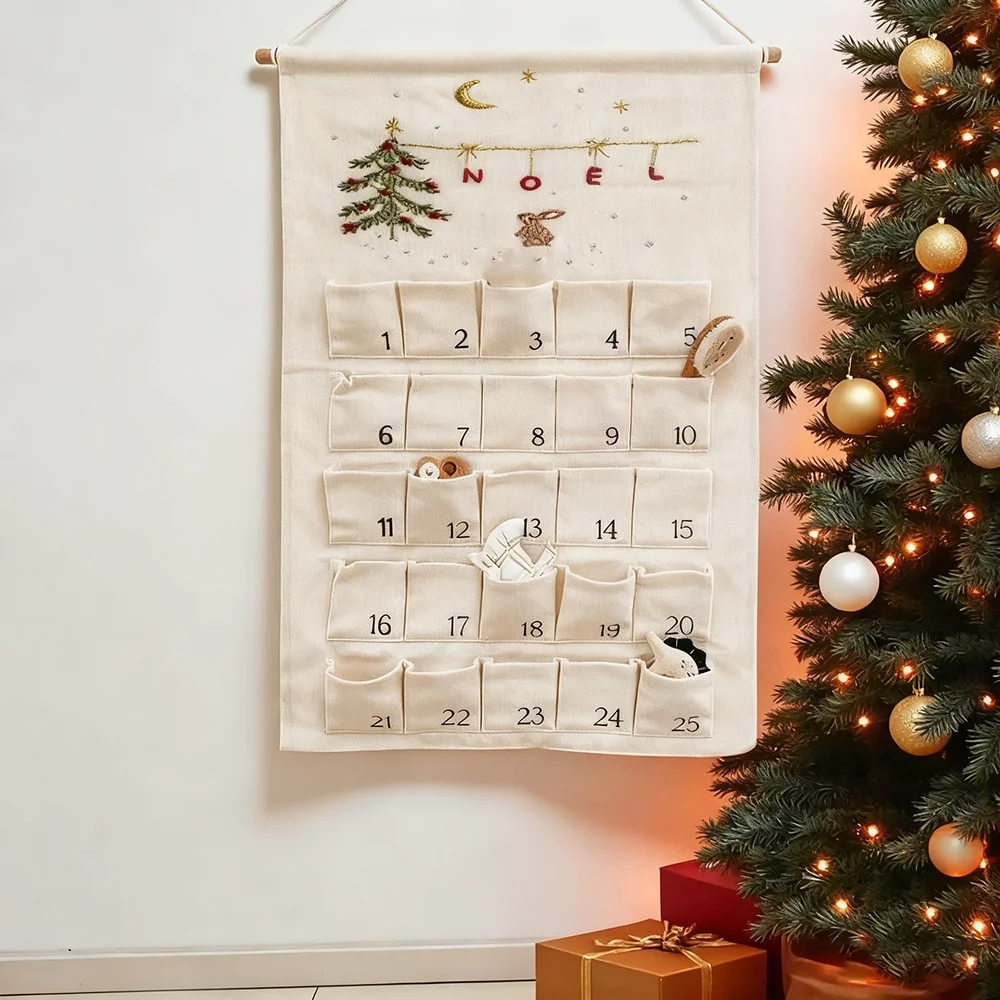 

Personalized Noel Bunny Advent Calendar with 25 Pockets Printing Christmas Tree Countdown Calendar Winter Holiday Home Decor