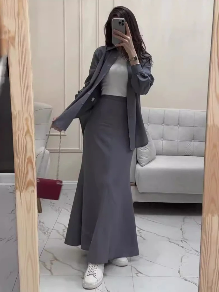 

XIAOTANG Gray Two Piece Set for Women 2025 New Long Sleeved Shirt + High Waist Slim Skirt Suits Female Streetwear Daily Outfits