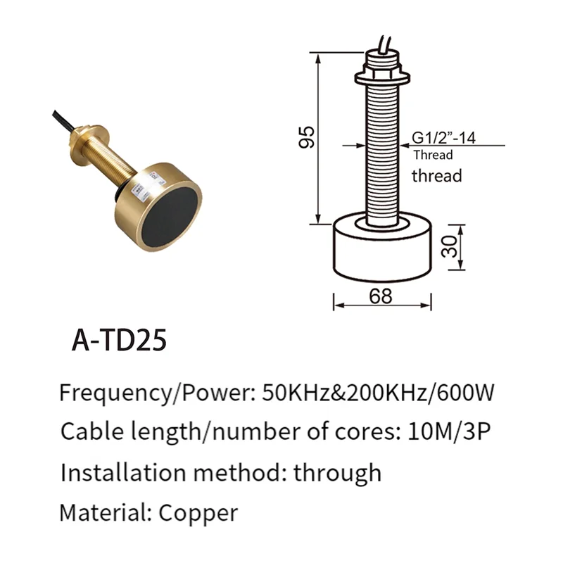 A72U TD-25 Dual Frequency Sensor Probe Transducer สําหรับเครื่องมือตกปลา, 600 W, 3-Pin Three-Core ปลั๊ก, สีบรอนซ์