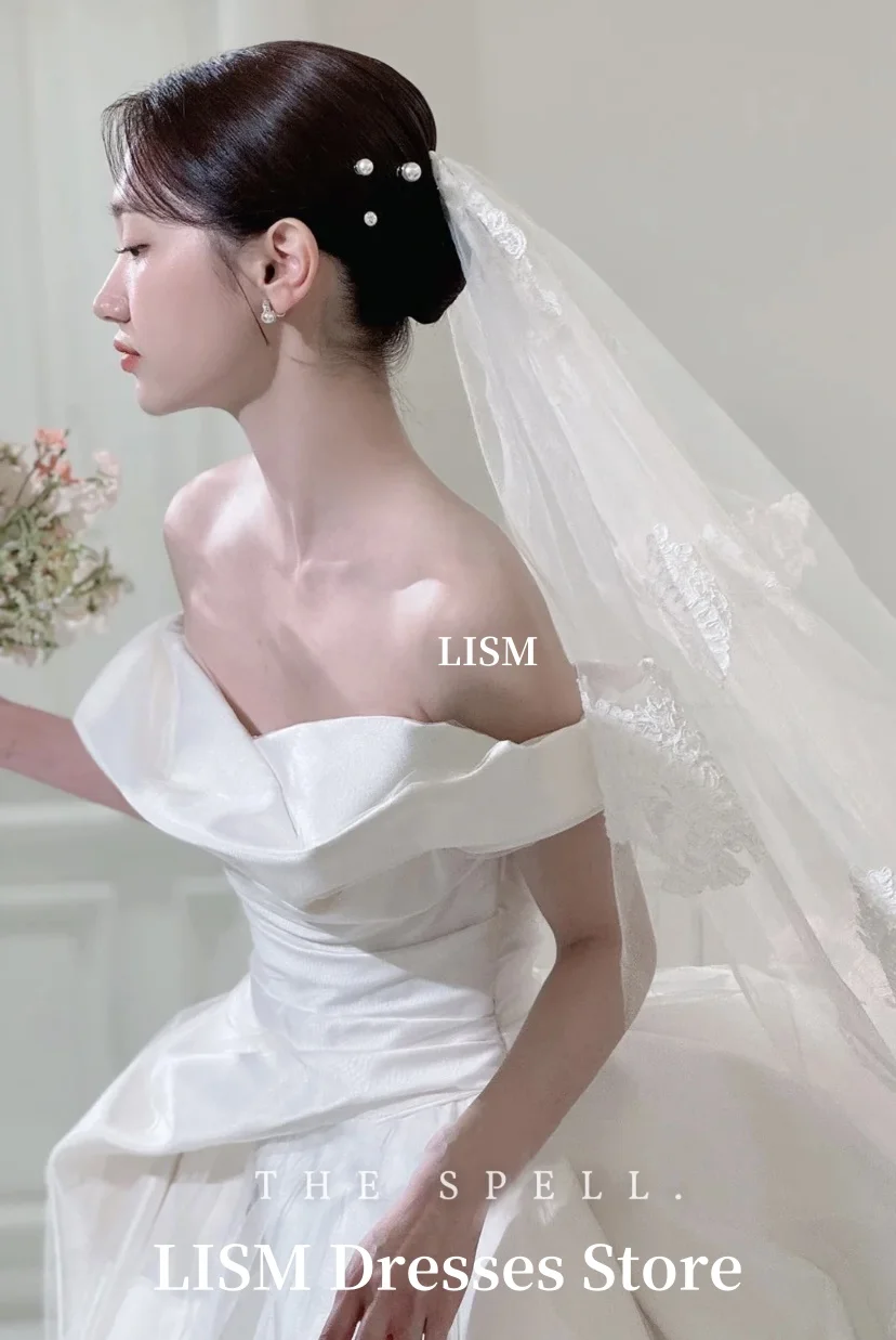 LISM Off Shoulder A-Line Simple Korea Wedding Dresses Soft Satin Long Elegant Bridal Dresses  웨딩드레스 Customized Corsets Back