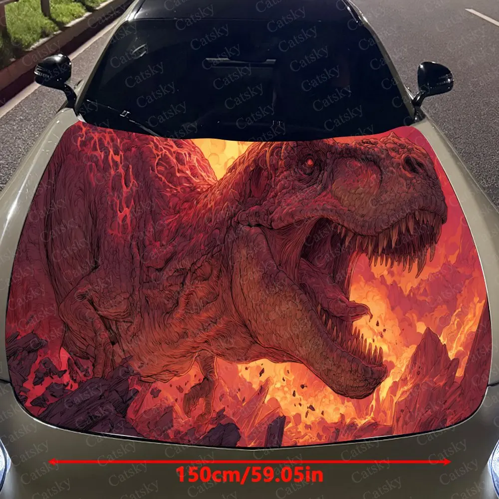 Flaming Dinosaur Auto Cover Sticker, Waterdichte en zelfklevende Auto Hood Decal, Auto Vinyl Wraps, Cool Car Exterior Decal, Ho