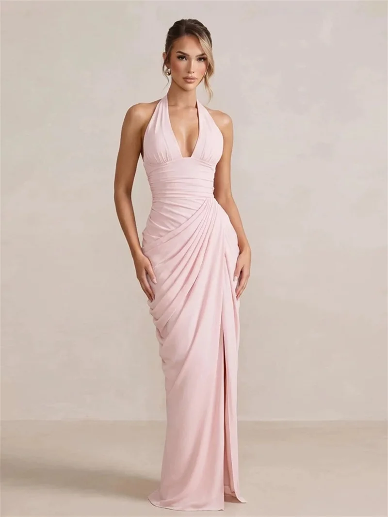 Elegant Halter Party Gown Sexy Deep V Draped Side Slit Prom Dress Lace‑Up Corset Back Bridesmaid Formal Wedding Evening Robe