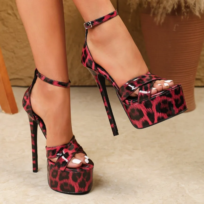 Women Sandals High Heels Platform Cross Strap Colorblock Burgundy Leopard Open Toe 16cm Elegant Shoes For Woman Plus Size 41 42