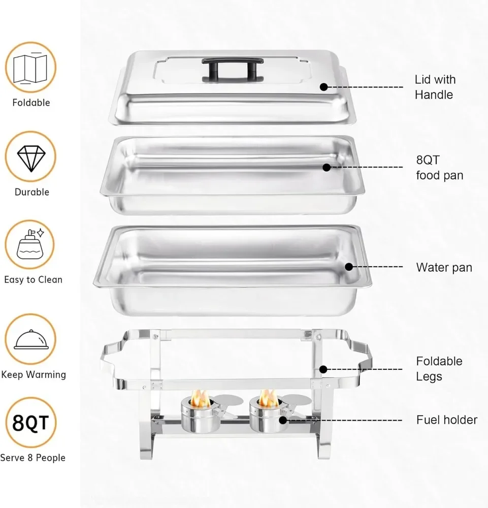 Chafing Dish Buffet Set - 4 Pack, 8 Quart Stainless Steel Chafer Buffet Servers and Warmers Set with Folding Frame for Weddings