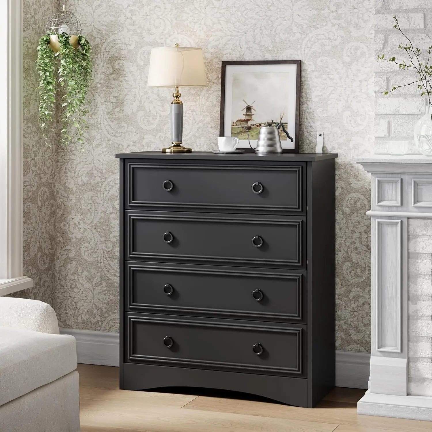 4 Drawer Dresser, Dressers for Bedroom, Tall Chest of Drawers Closet Organizers and Storage for Clothes - Easy Pull