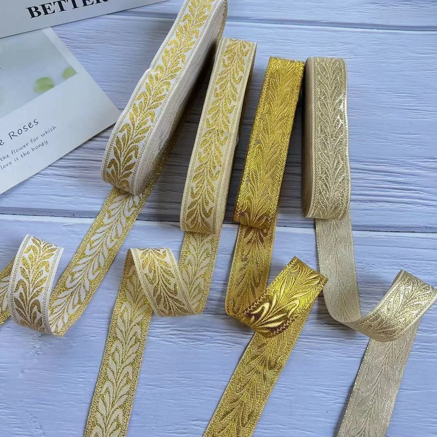 2,5 cm breites ethnisches Jacquard-gewebtes Band, Spitzenbesatz mit goldenem Blattmuster, Bekleidungs-Nähzubehör, 10 Yards