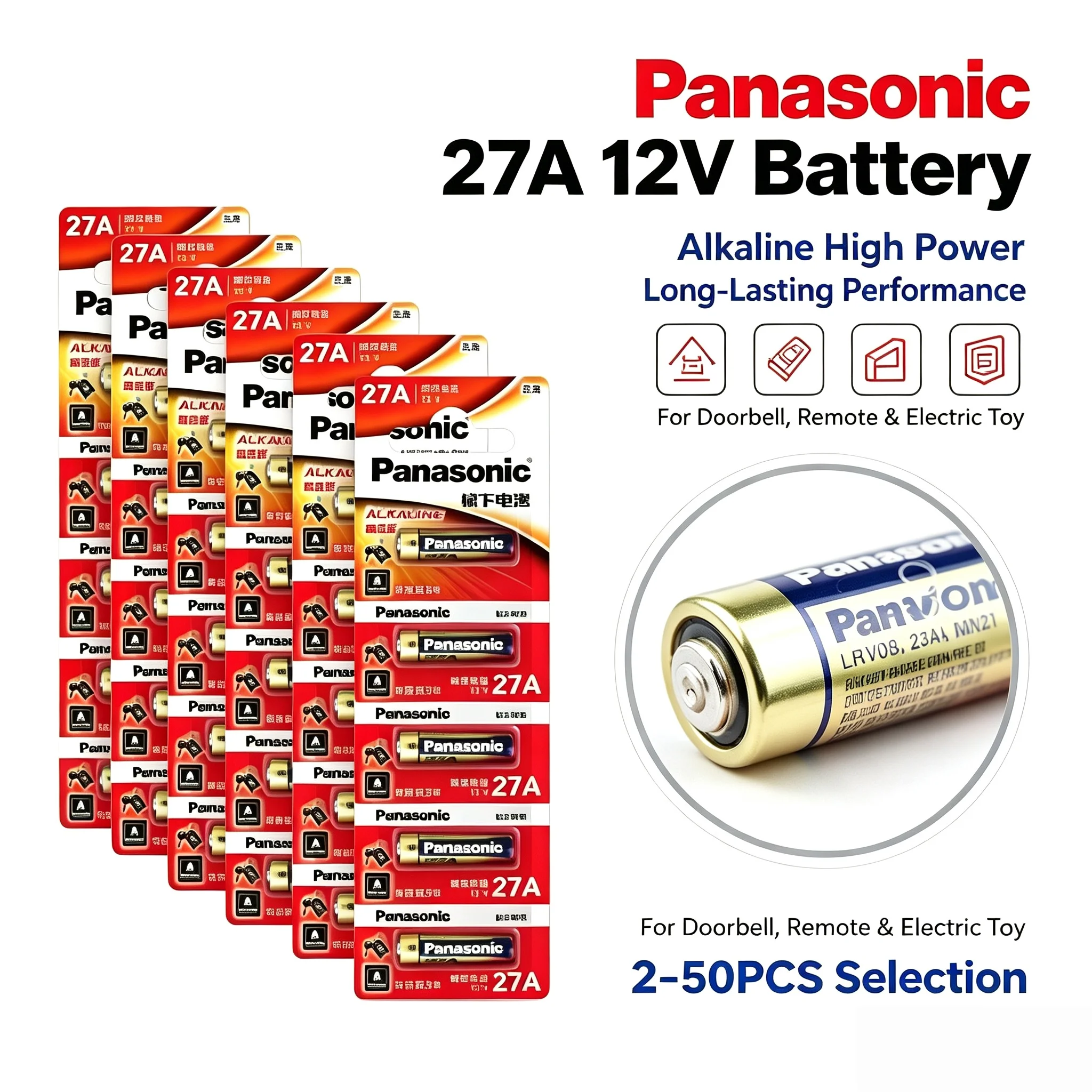 2-100PCS Panasonic 27A 12V A27 Alkaline Battery For Doorbell Remote Control Electric Toy, Long-Lasting High Power Battery