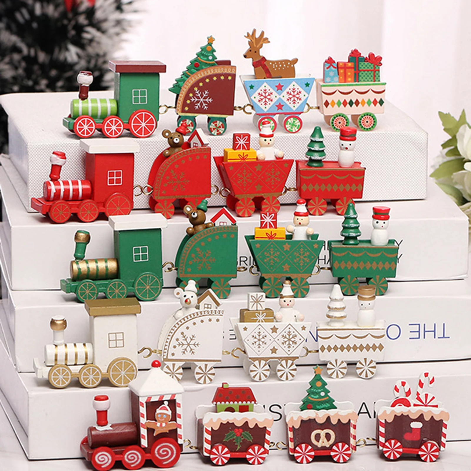 4 Section Wooden Train Ornament Hand-made Mini Wooden Trains Model Colorful Hand Painted Lovely Desk Shelf Decor Adults children