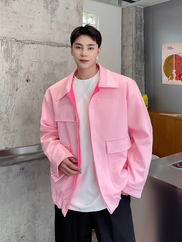 

Модная светло-розовая мужская куртка с отложным воротником в корейском стиле, свободного кроя, осенняя верхняя одежда
