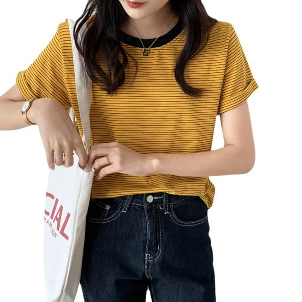 Summer Striped T-shirt Fashion Student Slim Short Top Casual Loose Round Neck Short Sleeve Outdoor