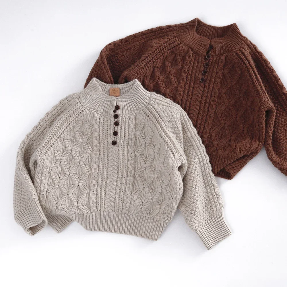 

1-6Y Kids Crew Neck Knitted Sweater Solid Color Button Decor Warm Autumn Winter New Fashion Toddler Boys Girls Knitwear