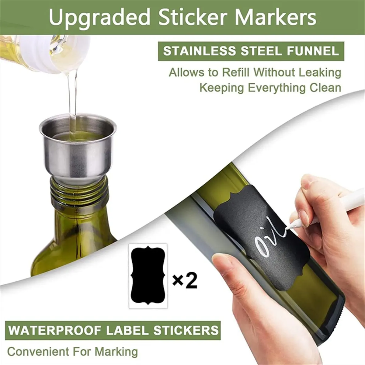 ABUA 2 Pcs Green Glass Olive Oil Dispenser and Vinegar Dispenser Set with 2 Stainless Steel Pourers,4 Labels (500ml)
