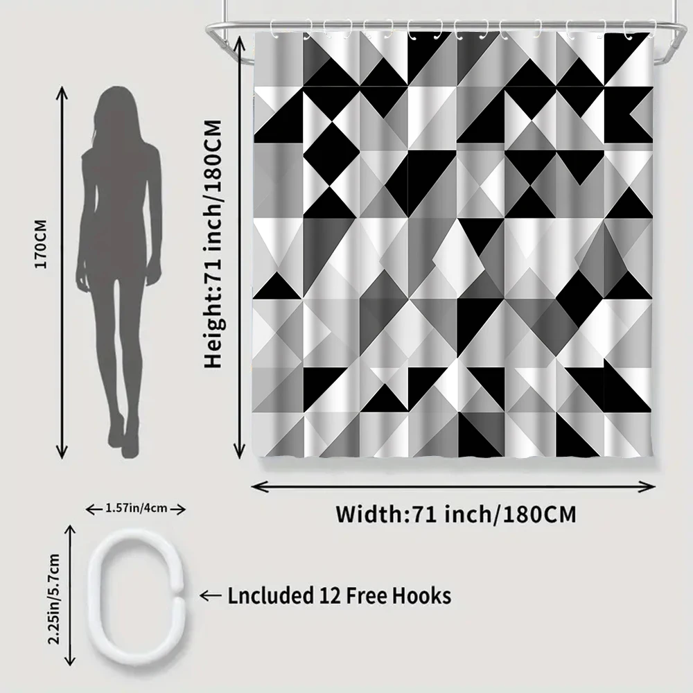 1/4 ستائر دش مطبوعة هندسية باللونين الأبيض والأسود، ديكور مقعد المرحاض، ستارة دش مع سجادة وغطاء للمرحاض، 70.8 × 70.8 #6
