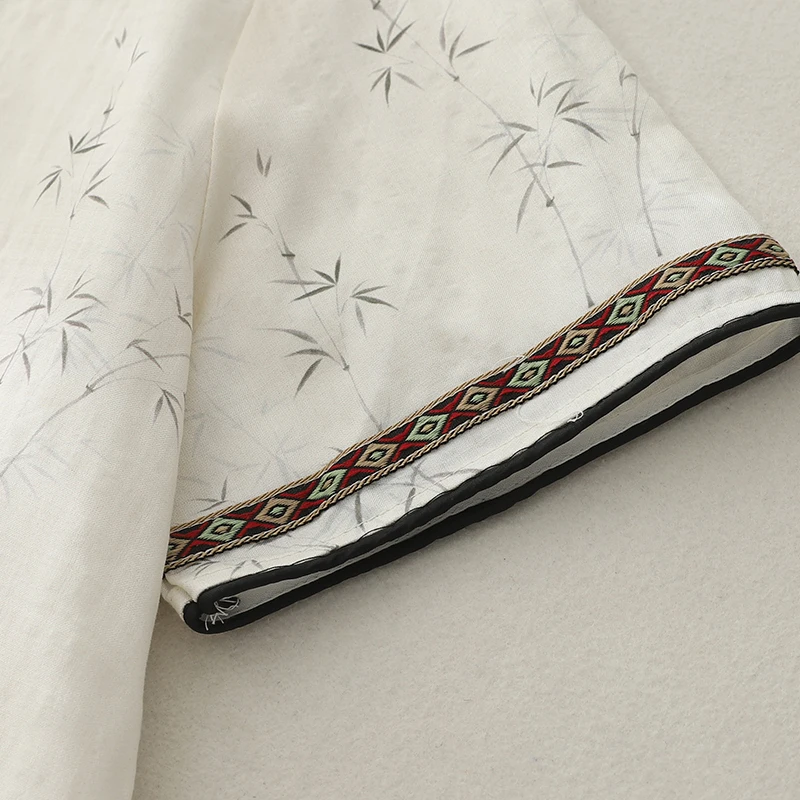 جديد الصينية Sle فضفاضة تناسب الرجعية طباعة تشيباو الدكتور المرأة الركبة طول نسخة معدلة مزيج القطن الصيف الدكتور