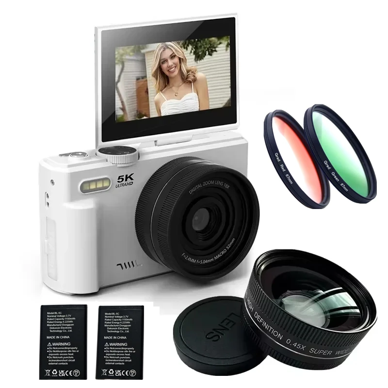 

5K Digital camera 75MP video log camera, suitable for YouTube WiFi UHD autofocus 3 "180 ° flip screen 18x digital zoom
