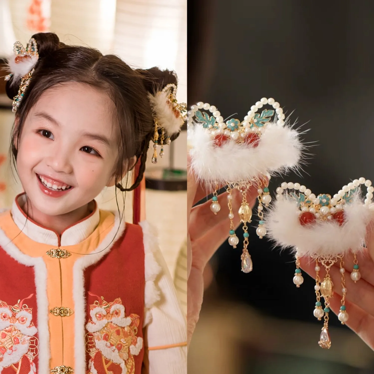 

Chinese Style Lion Dancing Hairpin Side Clip Cute Hanfu Antique Headdress Little Girl Pair Clip Tiaras and Crowns 2025 New