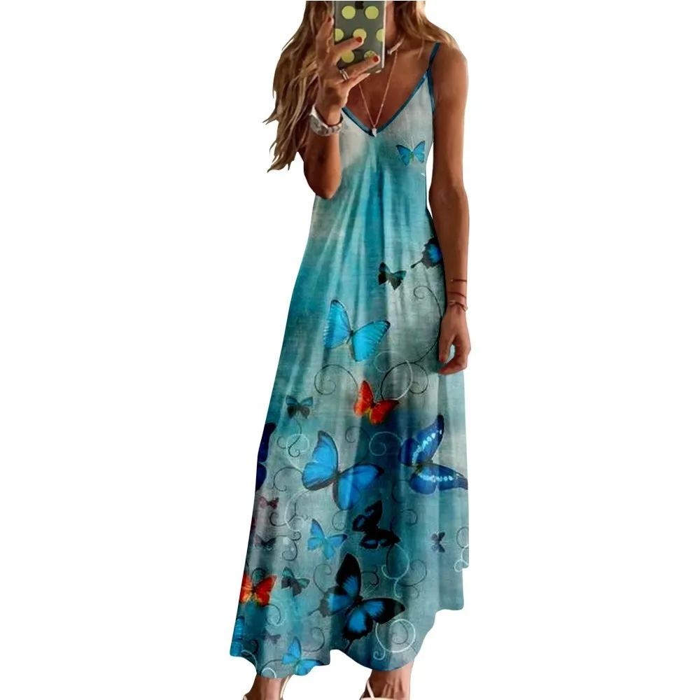 Summer Sleeveless Butterfly Dress Sexy Maxi Dress Luxury Stylish Party Girl Vestido Evening Dresses Beach Dresses Elegant Robe