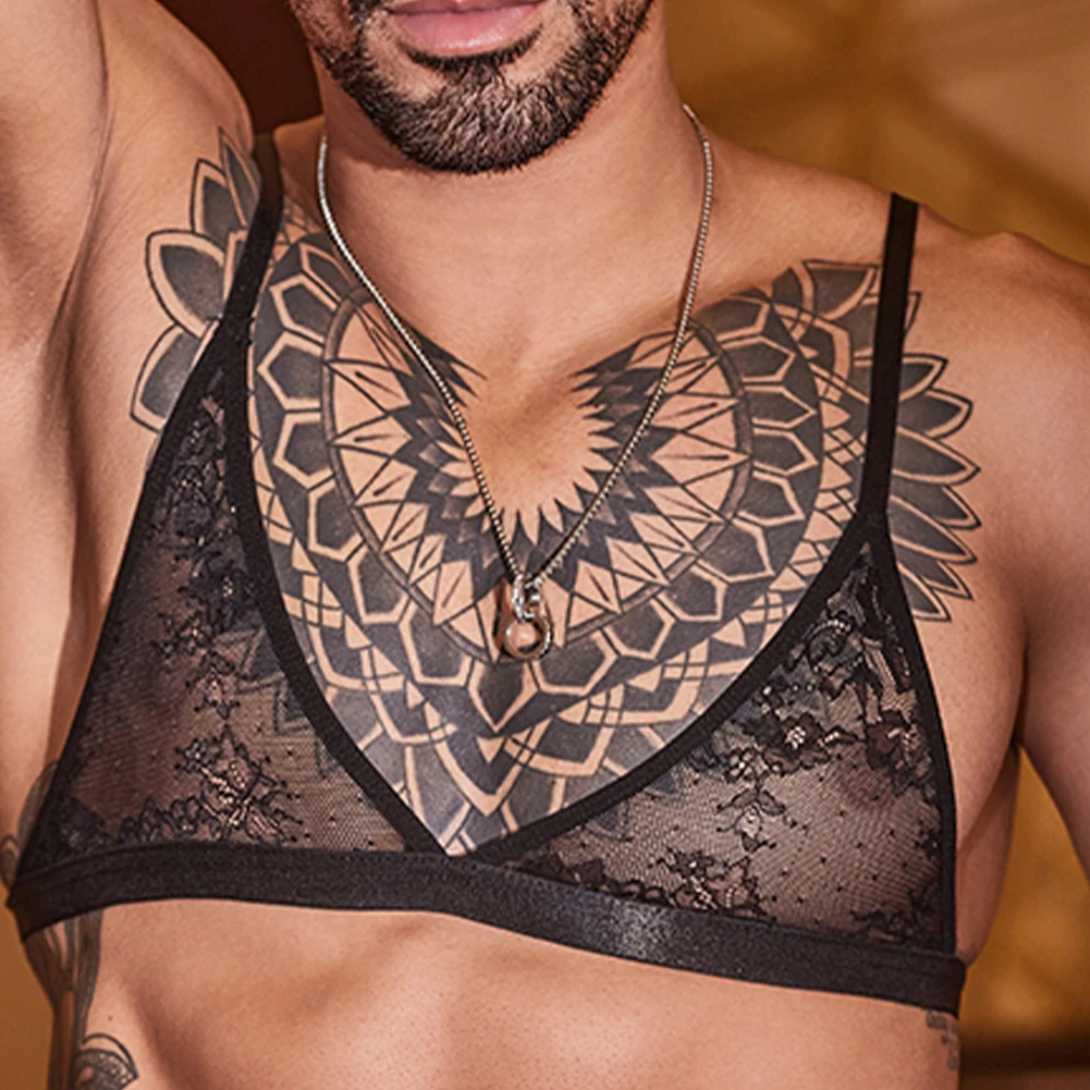 Mens See Through Lace Bra Thong Sets Underwear Lingerie Pajamas Nightclub