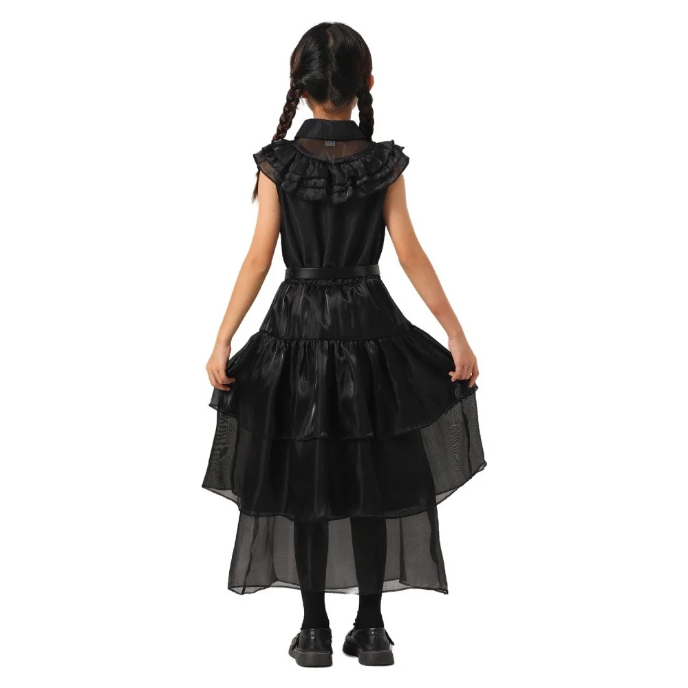 فتاة الأربعاء زي الاطفال Addams تأثيري فستان الأميرة الأسود الأطفال مسابقة عشاء فستان فتاة هالوين حفلة الرقص القماش