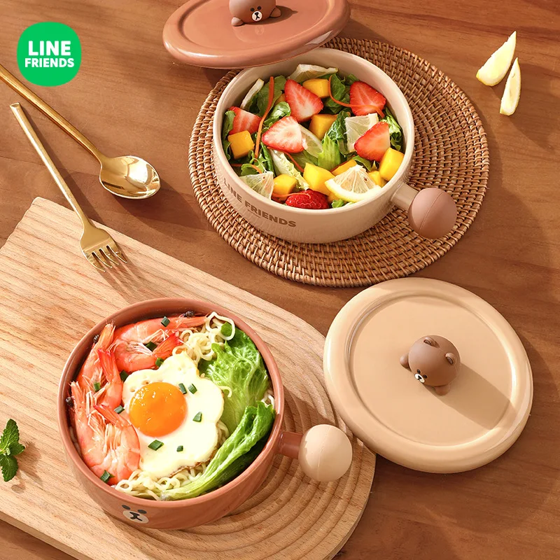 Line Friends Brown Cartoon Large Capacity Ceramic Bowl with Lid Kawaii Fruit Salad Bowl Cute Handle Bowl Anti-Scald Soup Bowl