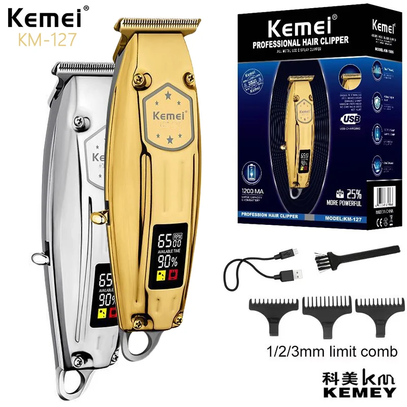 Kemei 127 Barber Electric 6500Rpm Lithium Hair Trimmer LCD Display Professional Beard Trimmer For Men Full Metal Housing