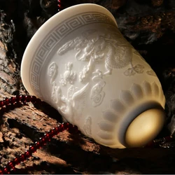 White Jade Embossed Ceramic Dragon and Phoenix Tea Cup Master Kung Fu Tea Set Tea Tasting Cup Household White Porcelain Cup