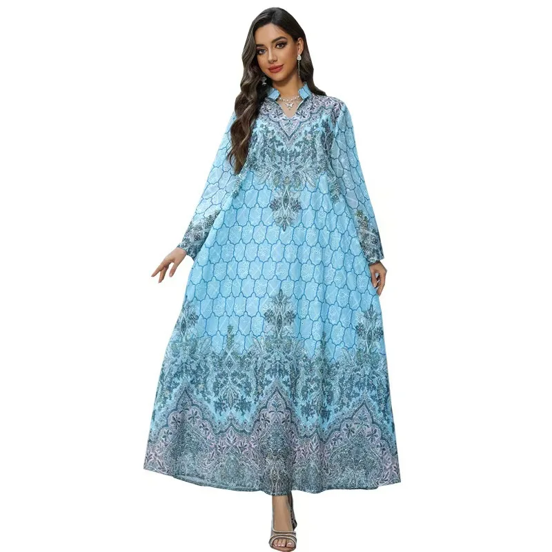 Faionable bestickte bedruckte Robe Dr. Langer A-Linien-Rock Hohe Taille V-Ne Sommersaison Pflanzenblumenmuster Damen Dr