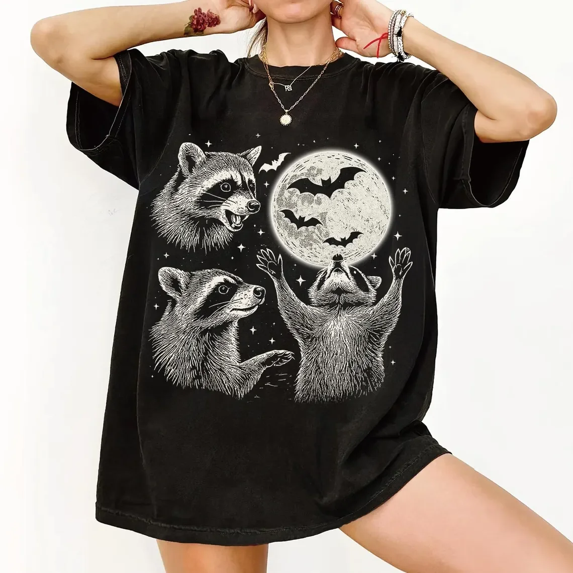 

Halloween Raccoons Shirt, Three Raccoons Vintage Graphic T-Shirt, Halloween Raccoon Moon Tee, Raccoon Lovers Breathable Tops