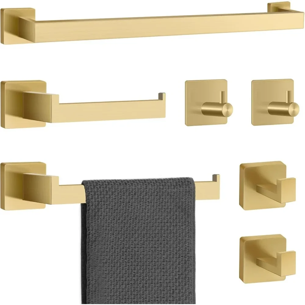 7 Piece Bathroom Hardware Set Gold Brushed Gold Towel Rack Square Towel Bar Set Wall Mounted Stainless Steel 23-Inch Gold