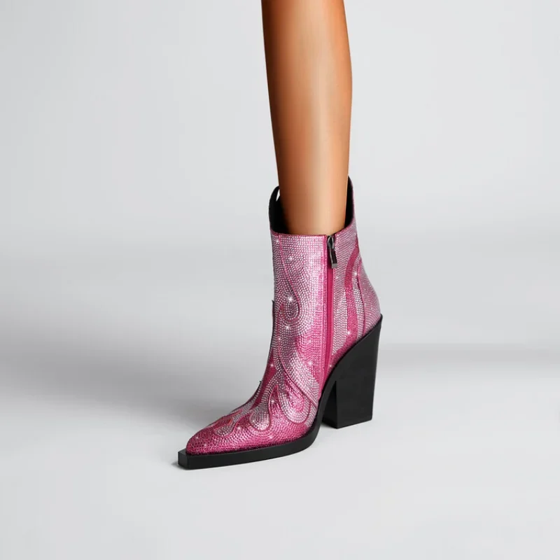 2026New Women's Rhinestone Flame Ankle Boots Fashion Square Head High Heels Western Boots Party Dress 43 Large Short Boots