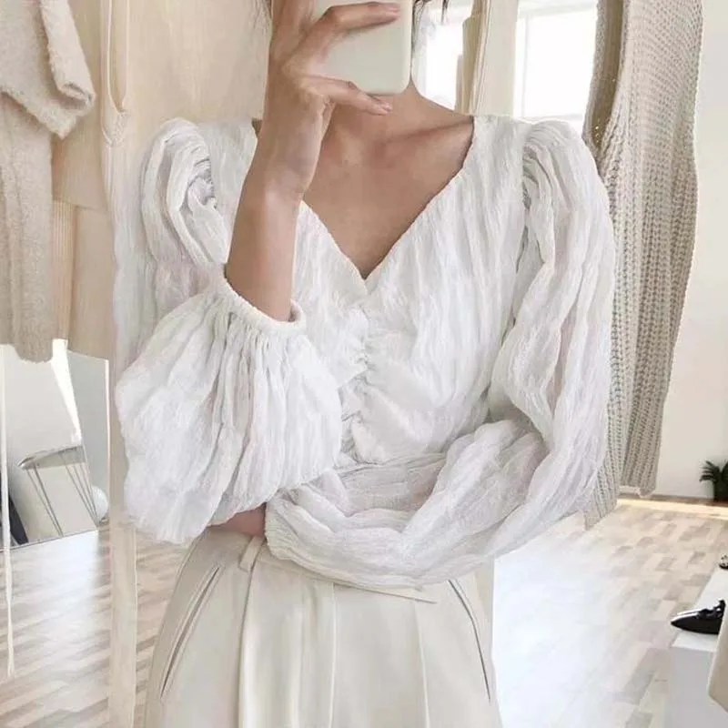 Summer New Loose Folds Chiffon Shirt Korean Fashion Irregular Pleated Casual Blouse Women Long Sleeve Tops Blusas Mujer 19654