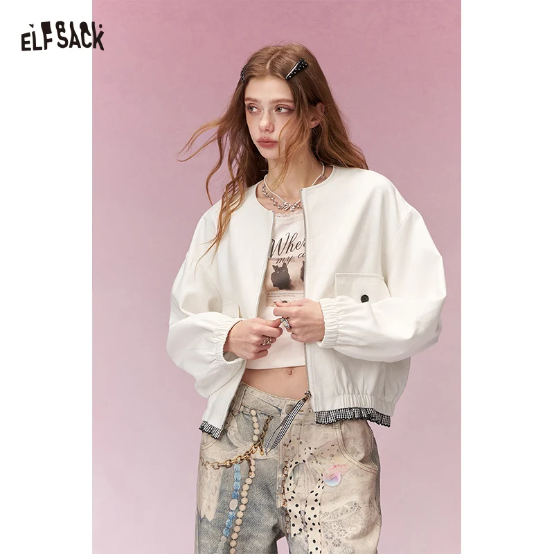 

ELFSACK Sweet Casual White Short Jacket with Plaid Zipper and Ruffle Hem, Lightweight Outerwear for Spring Autumn Daily Outfit