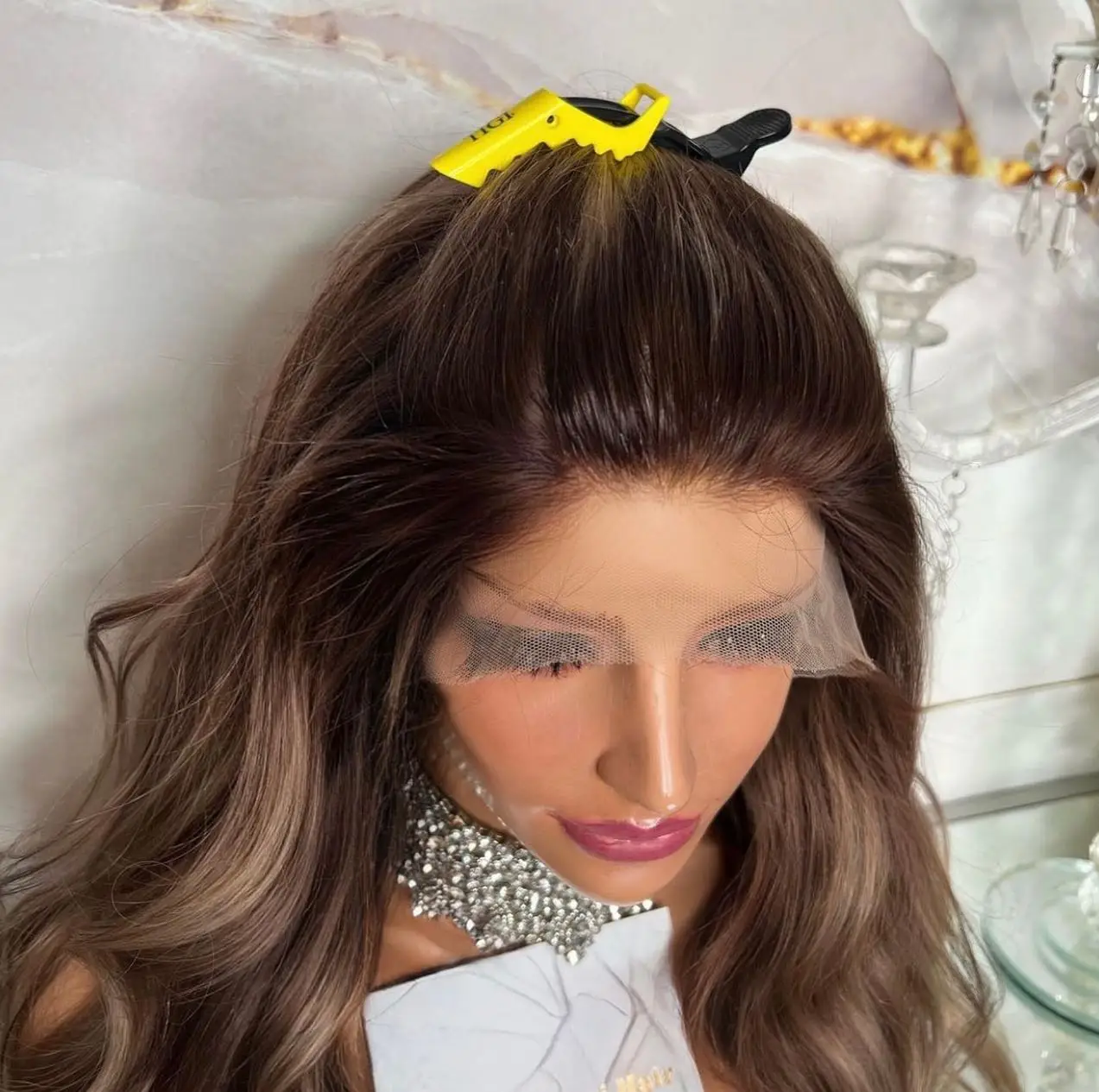 Chocolate Brown Synthetic Fibre Lace Front Wig with Blonde Highlights Melted Dark Roots Glueless Free Style Wavy Hair Female Wig