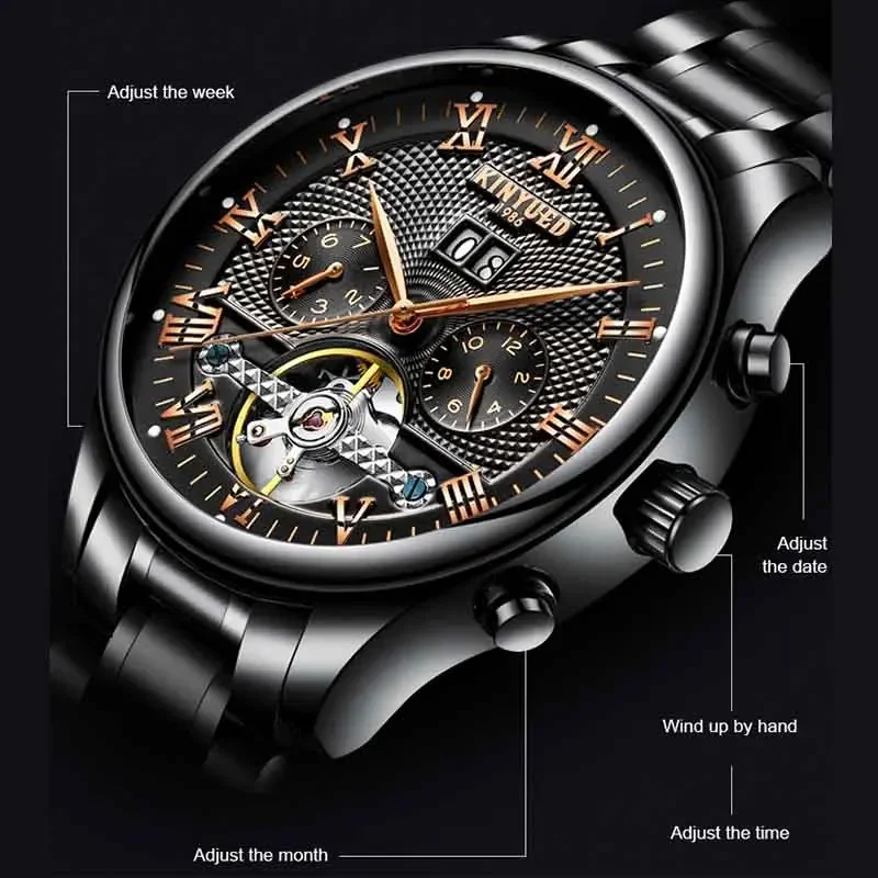 Kinyued Men\'s Classic Skeleton Watch Male Automatic Mechanical Wrist Watches Business Waterproof Hand Clock for Man Reloj Hombre