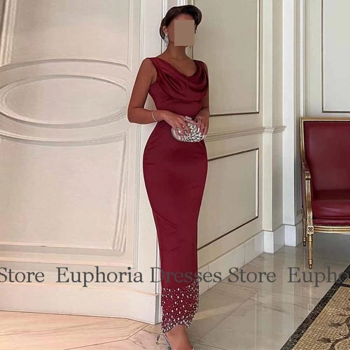Imagen 2 del producto Vestidos de fiesta de cóctel de lujo para mujer, vestido de satén con vaina/columna para el Día de San Valentín, chal drapeado con cristales y cuello redondo burdeos, vestido de graduación